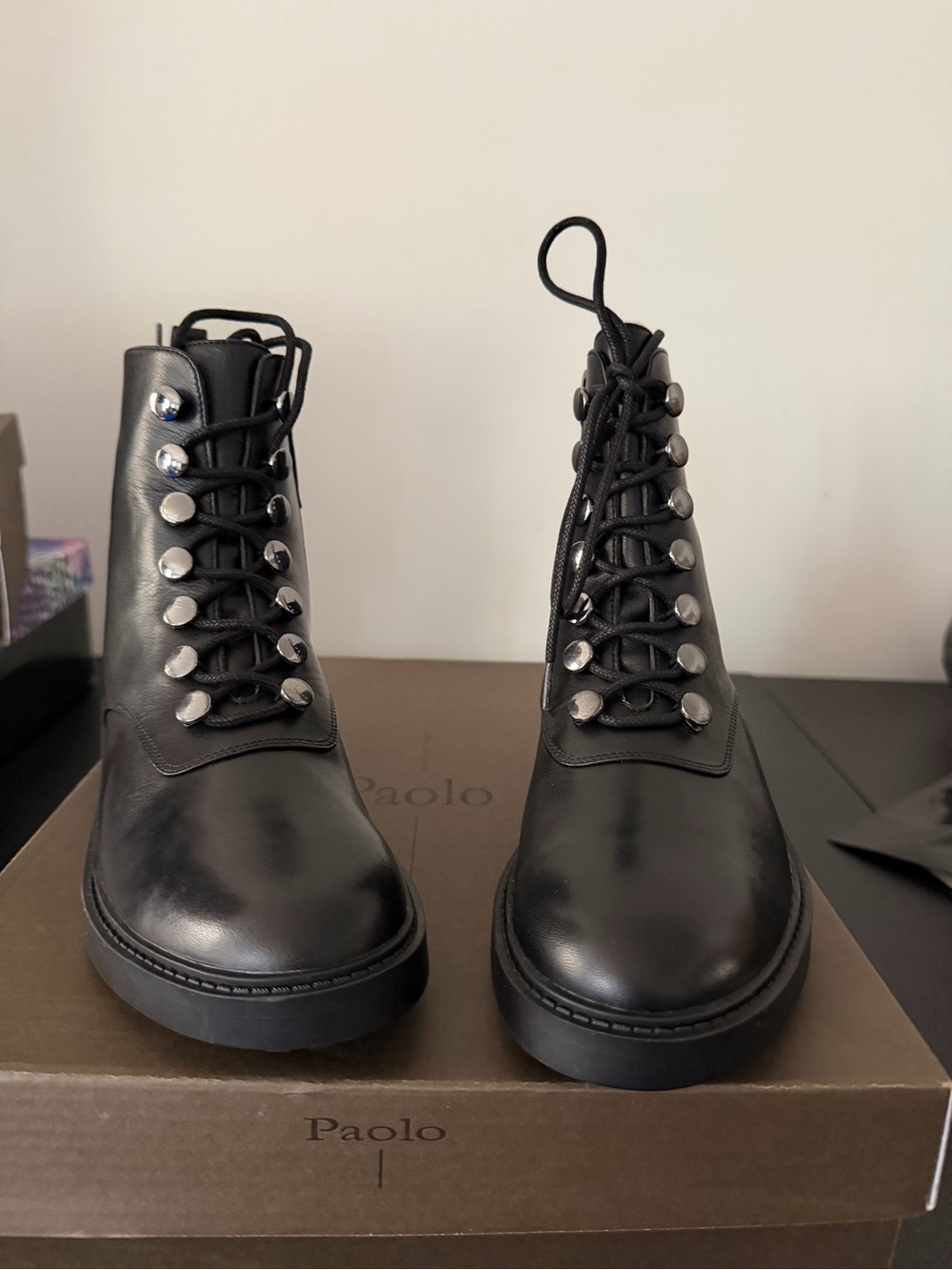 Paolo Black Leather Lace-Up Ankle Boots with Silver Hooks